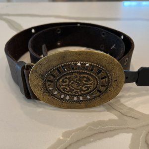 NWT Streets Ahead Dark Brown Leather Belt with Oval Brass Buckle Made in USA